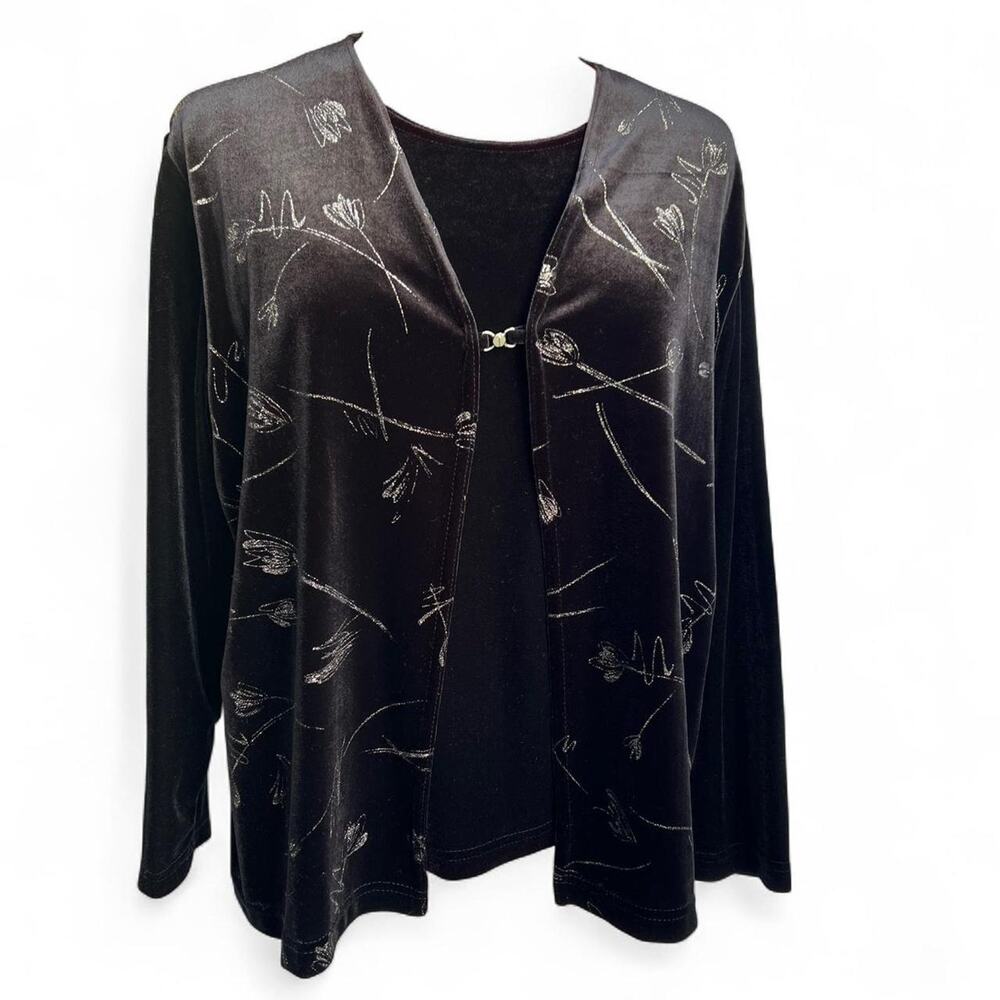Vintage Black Velvet Long Sleeves Shirt‎ With Silver Floral Design